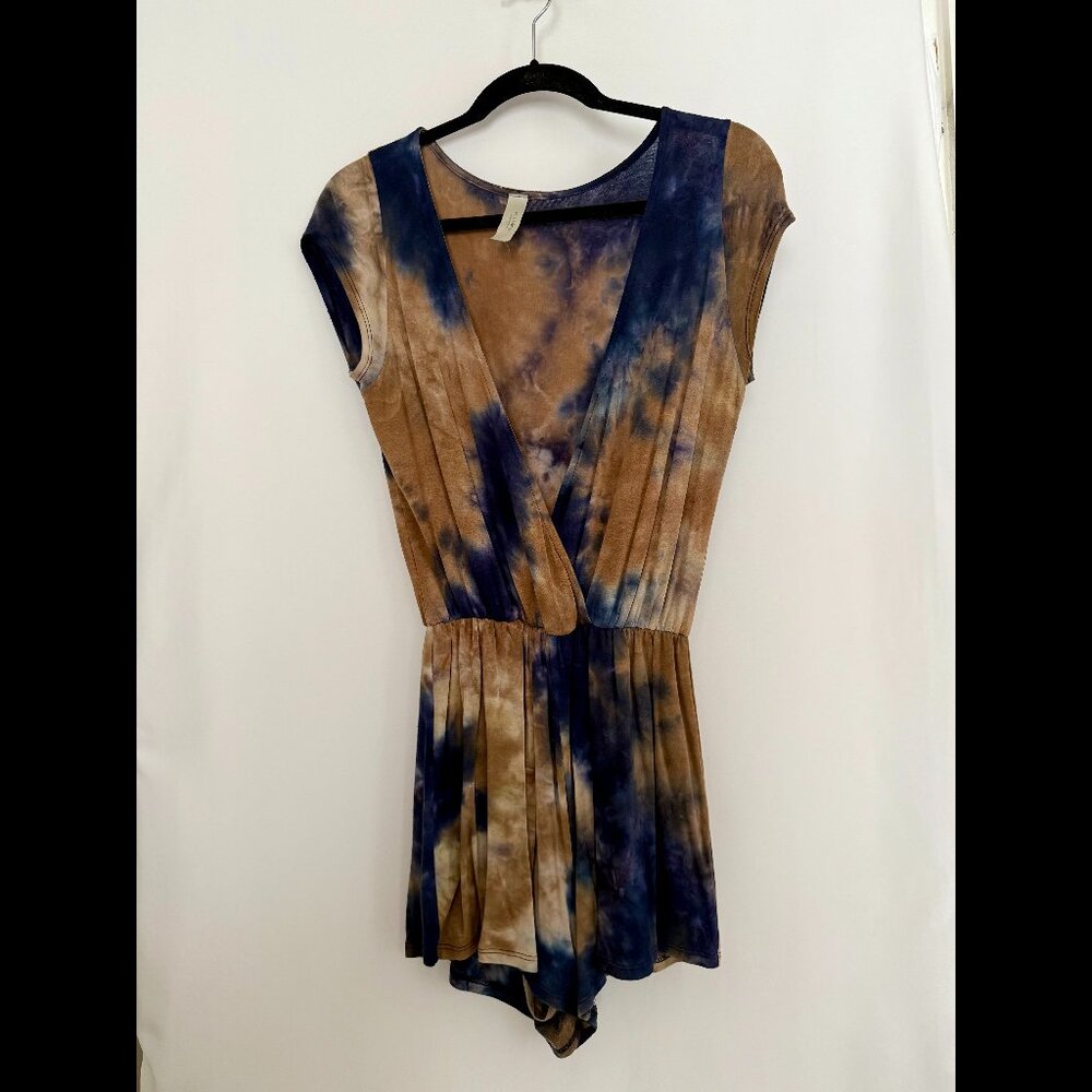 Mahina Tie-Dye Blue/Brown Plunge Romper, Small